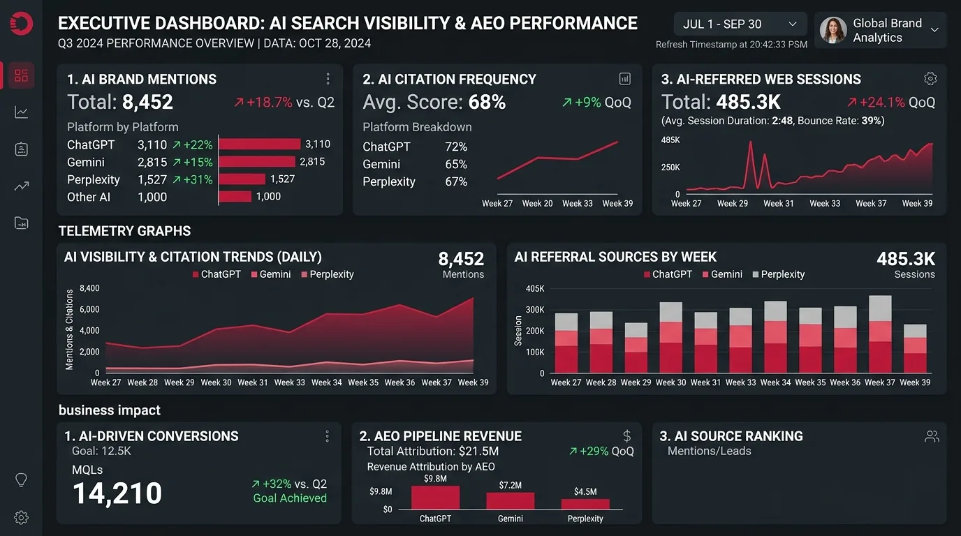AI search visibility measurement dashboard tracking prompt visibility, citations, AI referrals, and HubSpot CRM pipeline attribution.