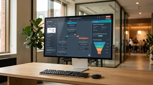 Enterprise B2B revenue operations dashboard and HubSpot workflow orchestration interface displayed on a sleek high-end studio monitor